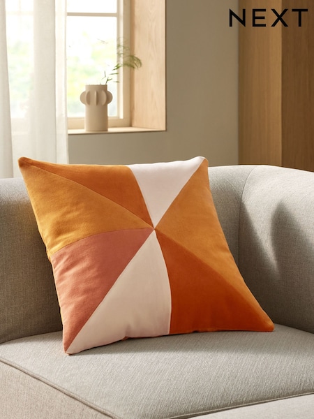 Ochre/Cream 50 x 50cm Multi Patchwork Velvet Cushion (F00595) | 118 QAR