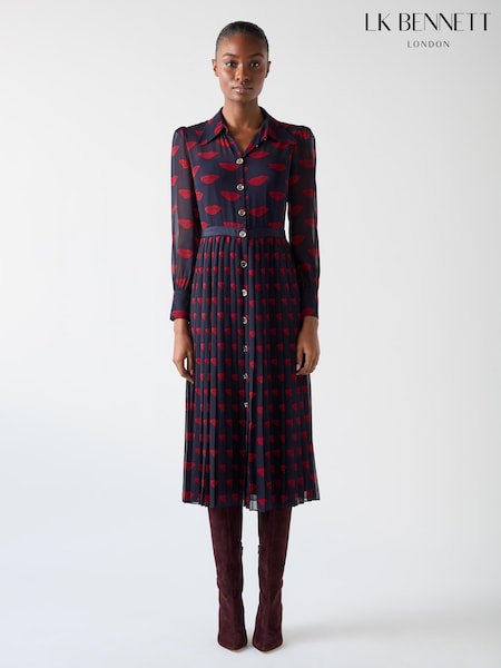 LK Bennett Blue Tallis Lips Print Pleated Ggt Dress (F00604) | €381