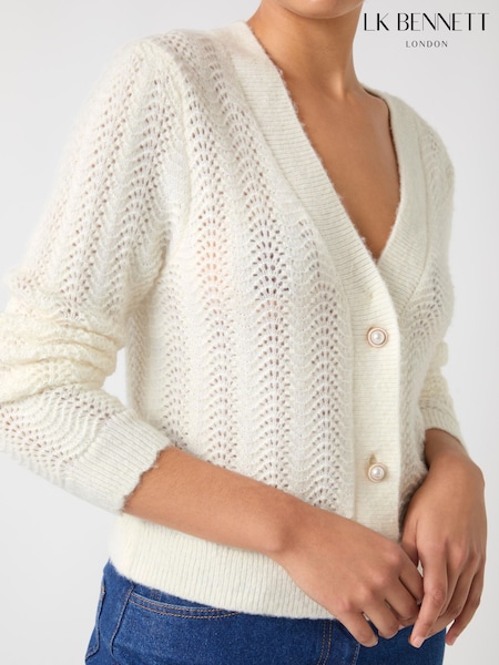 LK Bennett Cream Elodie Wool Blend Stitch Detail V-Neck Fluffy Cardigan (F00607) | ₪1,001