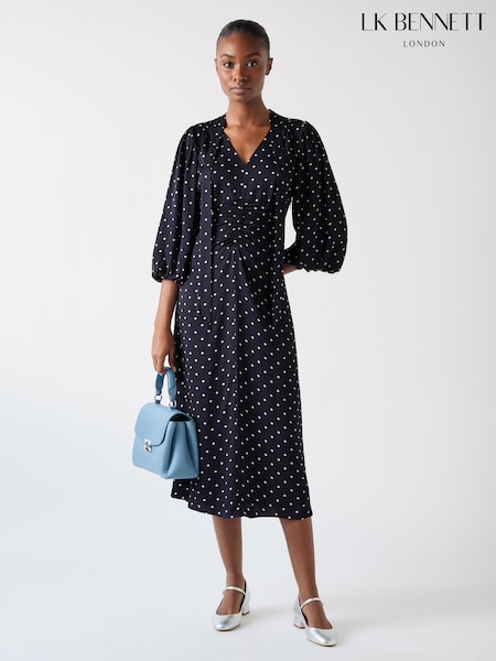 LK Bennett Hester Viscose 40S Spot Tie Neck Gather Front Dress (F00608) | €396