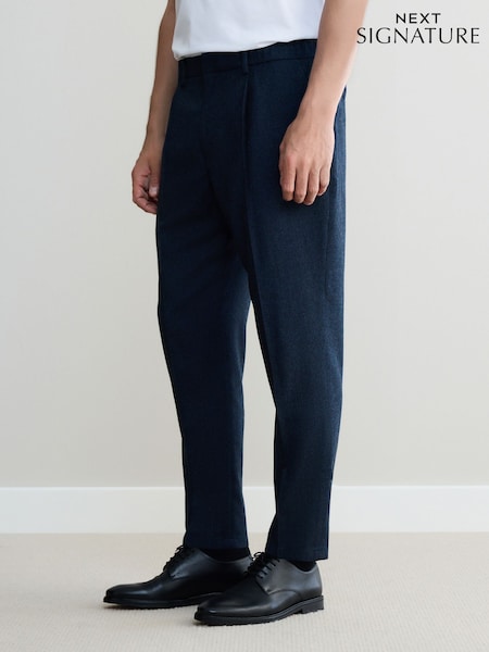 Navy Blue Signature Regular Tapered 100% REDA Marino Wool Smart Trousers With Elasticated Back (F00668) | €131
