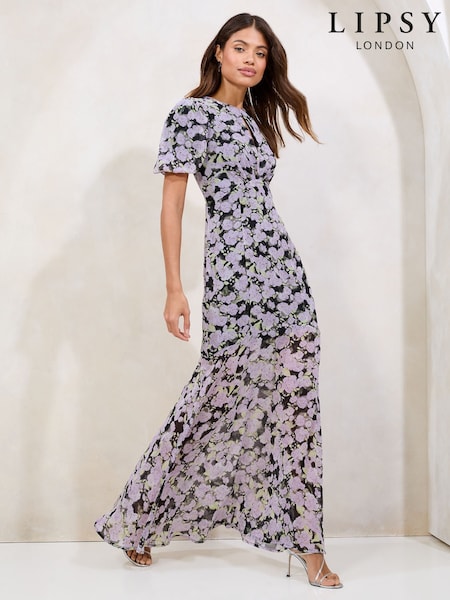 Purple Floral Puff Sleeve Chiffon Underbust Maxi Dress (F00771) | 322 QAR