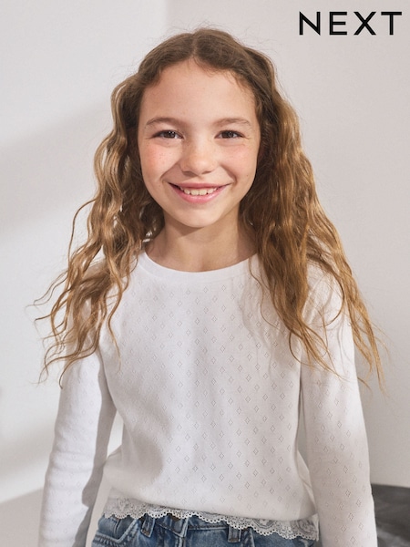 White Pointelle Lace Trim Long Sleeve Rib Top (3-16yrs) (F01211) | AED30 - AED56