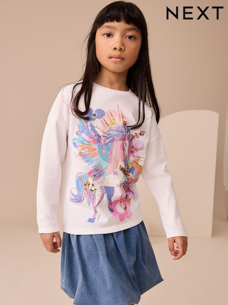 White Unicorn Print Long Sleeve Sequin Top (3-16yrs) (F01213) | AED56 - AED81