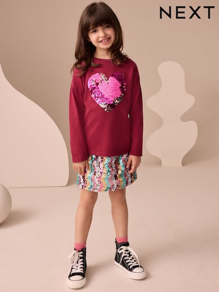 Burgundy Red Heart Long Sleeve Sequin Top (3-16yrs) (F01219) | AED56 - AED81