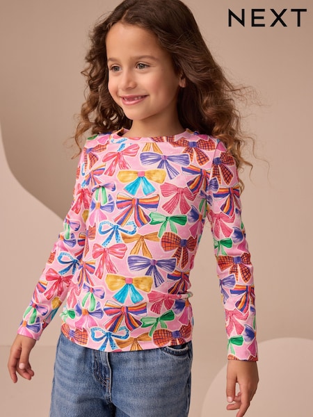 Rosa mit Schleifen - Long Sleeve Ribbed Top (3-16yrs) (F01221) | 9 € - 13 €