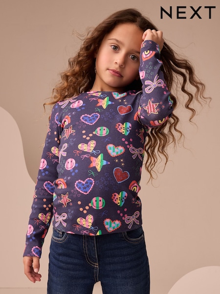 Navy Star Long Sleeve Ribbed Top (3-16yrs) (F01229) | AED30 - AED46