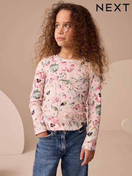 Light Pink Floral Long Sleeve Ribbed Top (3-16yrs) (F01230) | €7.50 - €11.50