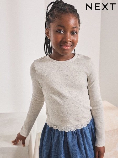 Grey - Pointelle Lace Trim Long Sleeve Rib Top (3-16yrs) (F01233) | 8 € - 15 €