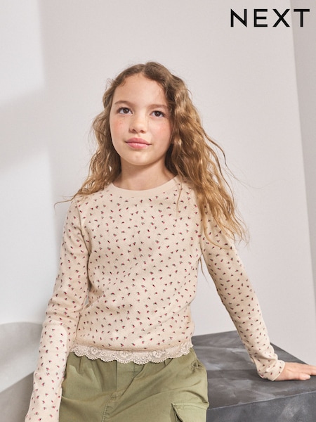 Rosa con estampado de florecitas - Pointelle Lace Trim Long Sleeve Rib Top (3-16yrs) (F01235) | 10 € - 17 €