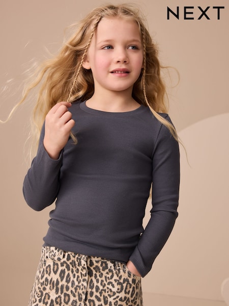 Charcoal Grey Long Sleeve Ribbed Top (3-16yrs) (F01236) | €7 - €12