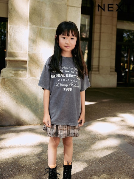 Charcoal Grey Oversized T-Shirt Check Skirt Set (3-16yrs) (F01250) | AED91 - AED122