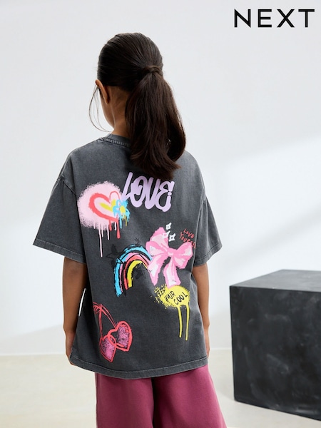Charcoal Graffiti Oversized Graphic Print T-Shirt (3-16yrs) (F01256) | €14 - €20