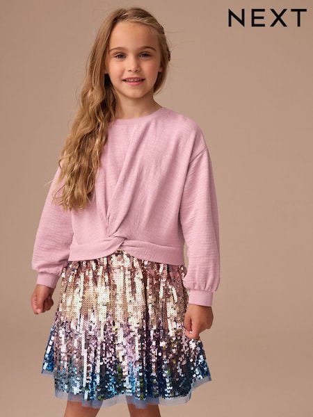 Pink Long Sleeve Sequin Skirt Dress (3-12yrs) (F01270) | €36 - €41