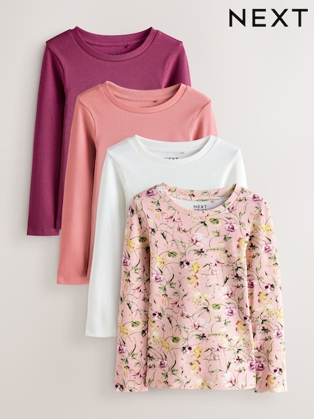 Pink Floral Print Long Sleeve Ribbed T-Shirts 4 Pack (3-16yrs) (F01274) | €30 - €39