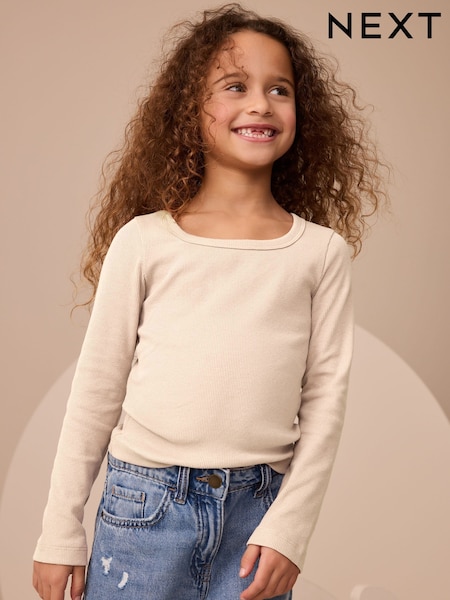 Oatmeal Long Sleeve Scoop Neck Rib T-Shirt (3-16yrs) (F01283) | AED25 - AED41