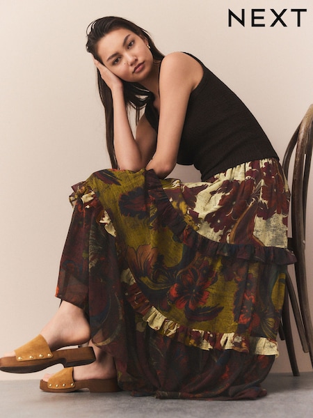 Brown Tiered Printed Maxi Skirt (F01434) | €56