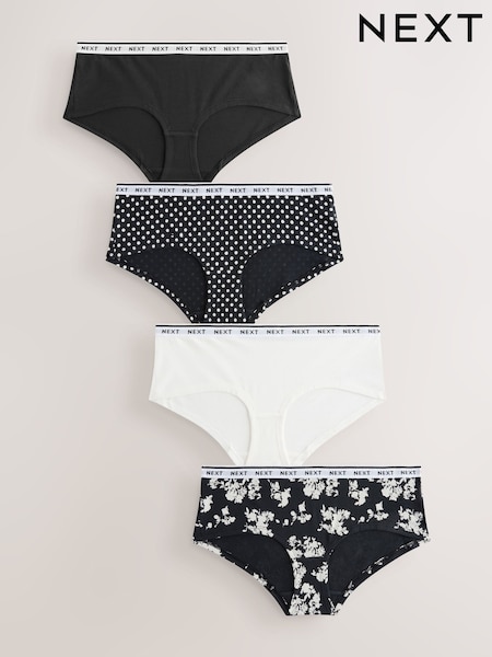 Black/White Floral Print Short Logo Knickers 4 Pack (F01461) | $26