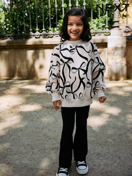Cream Bow/Black Sweatshirt and Ribbed Flare Set (3-16yrs) (F01793) | AED91 - AED122