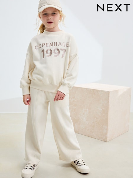 Ecru Slogan Sweatshirt And Wide Leg Joggers Set (3-16yrs) (F01803) | AED97 - AED127