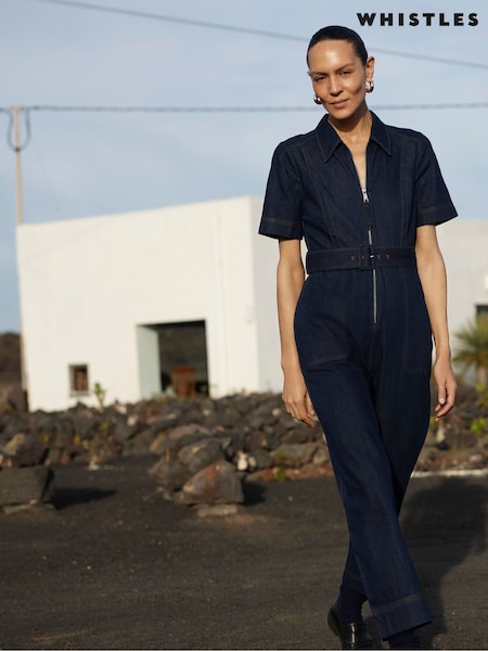 Whistles Denim Pintuck Belted 100% Cotton Jumpsuit (F01854) | 211 €