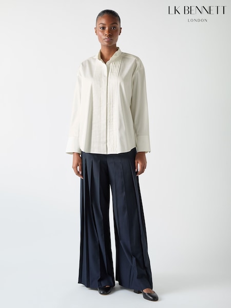 LK Bennett White Colette Maxi Pleated 100% Cotton Trousers (F01909) | €237