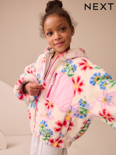 Ecru/Pink Floral Hooded Zip Borg Fleece Jacket (3-16yrs) (F01916) | €33 - €43
