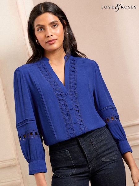 Love & Roses Cobalt Blue Heart Trim Pintuck Notch Neck 3/4 Length Sleeve Blouse (F01958) | 2,343 UAH
