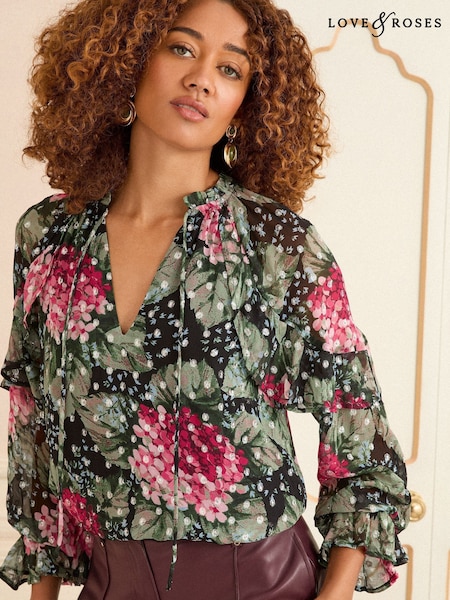 Love & Roses Black Floral Long Ruffle Sleeve V-Neck Blouse (F01976) | €65