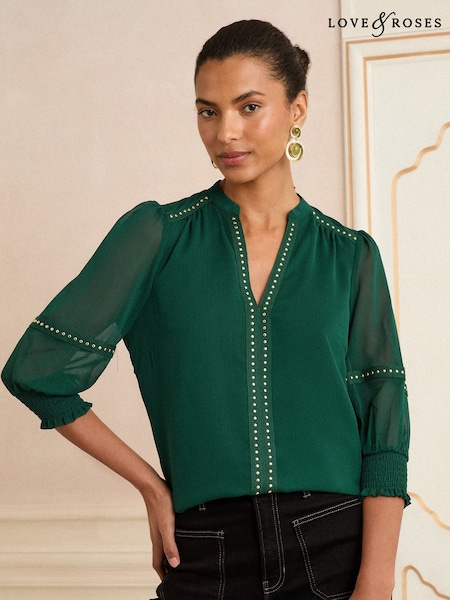 Love & Roses Forest Green V-Neck Hardware 3/4 Sleeve Blouse (F01991) | €51
