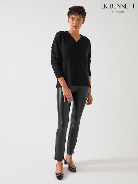LK Bennett Black Cara Wide V-Neck Warm Long Sleeve Jumper (F02001) | €253