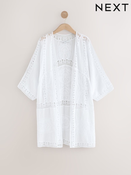 Valkoinen - Crochet Kimono (F02055) | €47