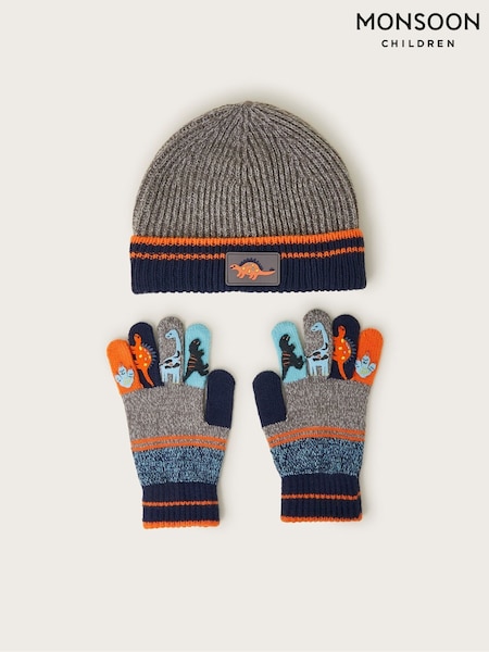 Monsoon Grey Dinosaur Stripe Winter Beanie Hat Set (F02093) | €41 - €43