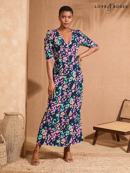Love & Roses Navy Animal V-Neck Ruched Sleeve Midi Dress (F02254) | €100