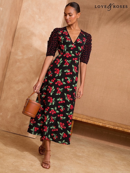 Love & Roses Printed Ruched Sleeve Midi Dress (F02267) | ‏379 د.إ.‏