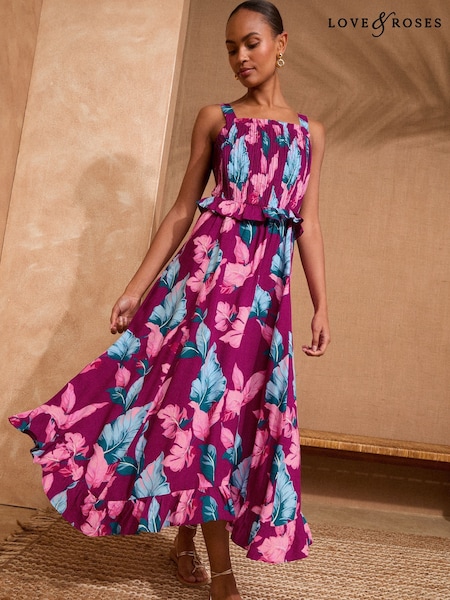 Love & Roses Burgundy Red Printed Midi Sundress (F02274) | €73