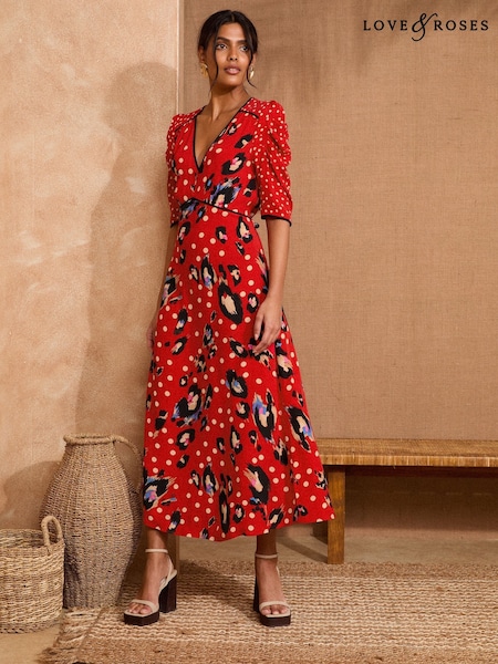 Red Animal - Love & Roses V-Neck Ruched Sleeve Midi Dress (F02280) | 484 LEI