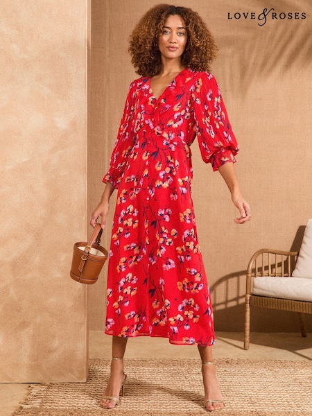 Love & Roses Red Floral Pleated Ruffle Midi Dress (F02285) | €91