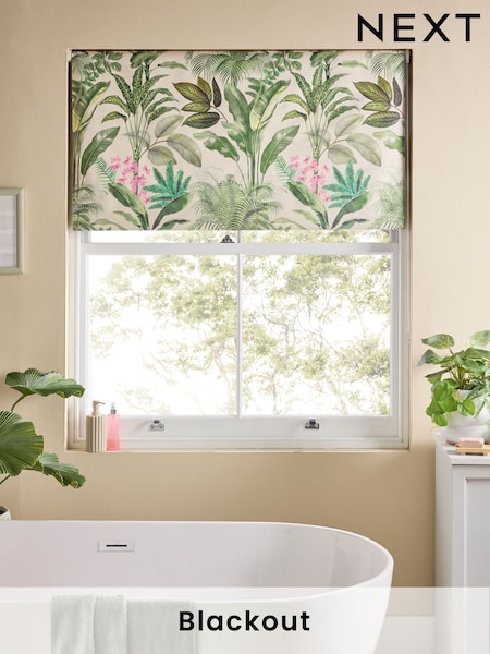 Green/Pink Ready Made Blackout Bathroom Roller Tropical Leaf Print Blinds (F02511) | €31 - €72