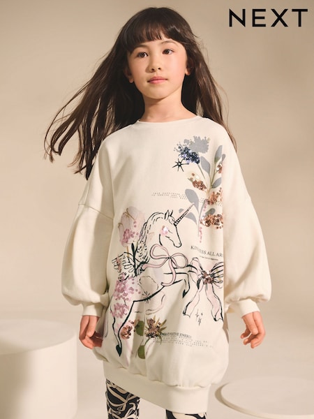 Ecru Unicorn Graphic Jumper Dress (3-16yrs) (F02679) | AED76 - AED102