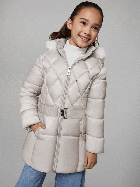 Lipsy Silver Midweight Diamonte Belted Puffer Coat (5-16yrs) (F02694) | 322 QAR - 361 QAR