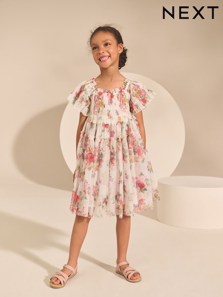 Ecru White Floral Print Ruffle Dress (3-16yrs) (F02696) | €32 - €39