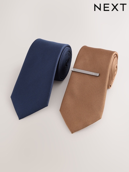 Brown and Navy Textured Ties And Clips 2 Pack (F02785) | €28