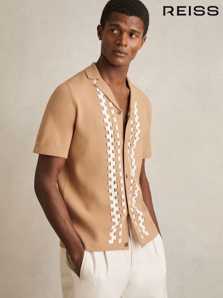Reiss Camel/Off White Addington Geometric Cuban Collar Knit Shirt (F02818) | €189