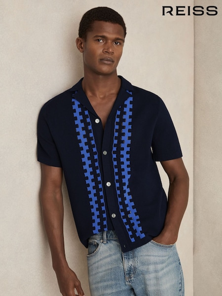 Reiss Navy/Blue Addington Geometric Cuban Collar Knit Shirt (F02821) | €189