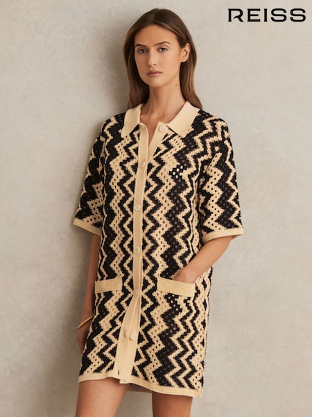 Reiss Black/Cream Natalie Cotton Blend Patterned Crochet Dress (F02827) | 1,455 QAR