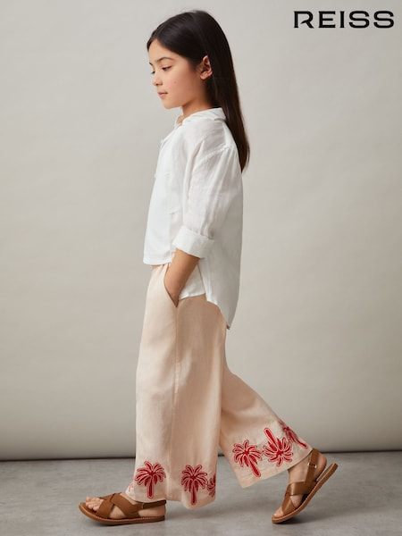 Reiss Stone Cate Cotton-Linen Palm Embroidery Trousers (F02837) | AED396