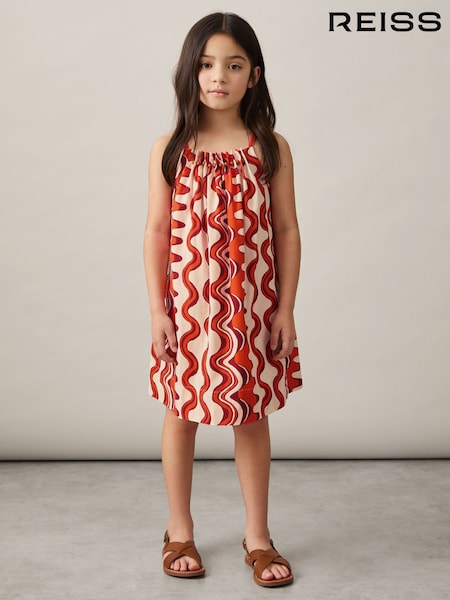 Reiss Red Ria Cotton Bead-Detail Printed Dress (F02839) | €70