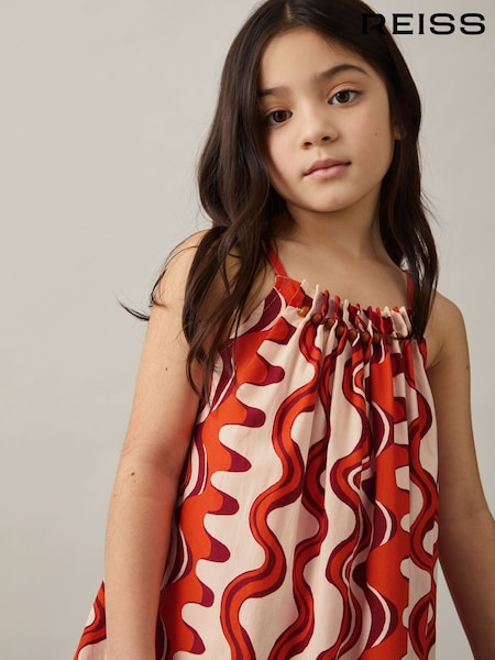 Reiss Red Ria Cotton Bead-Detail Printed Dress (F02844) | €80