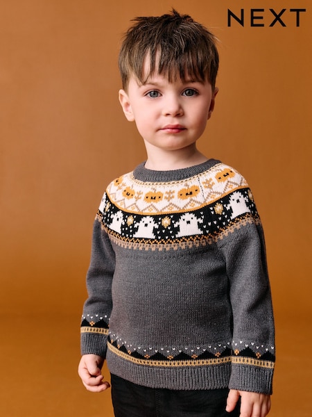 Charcoal Grey Fairisle Halloween Knitted Crew Neck Jumper (3mths-7yrs) (F02919) | AED76 - AED86